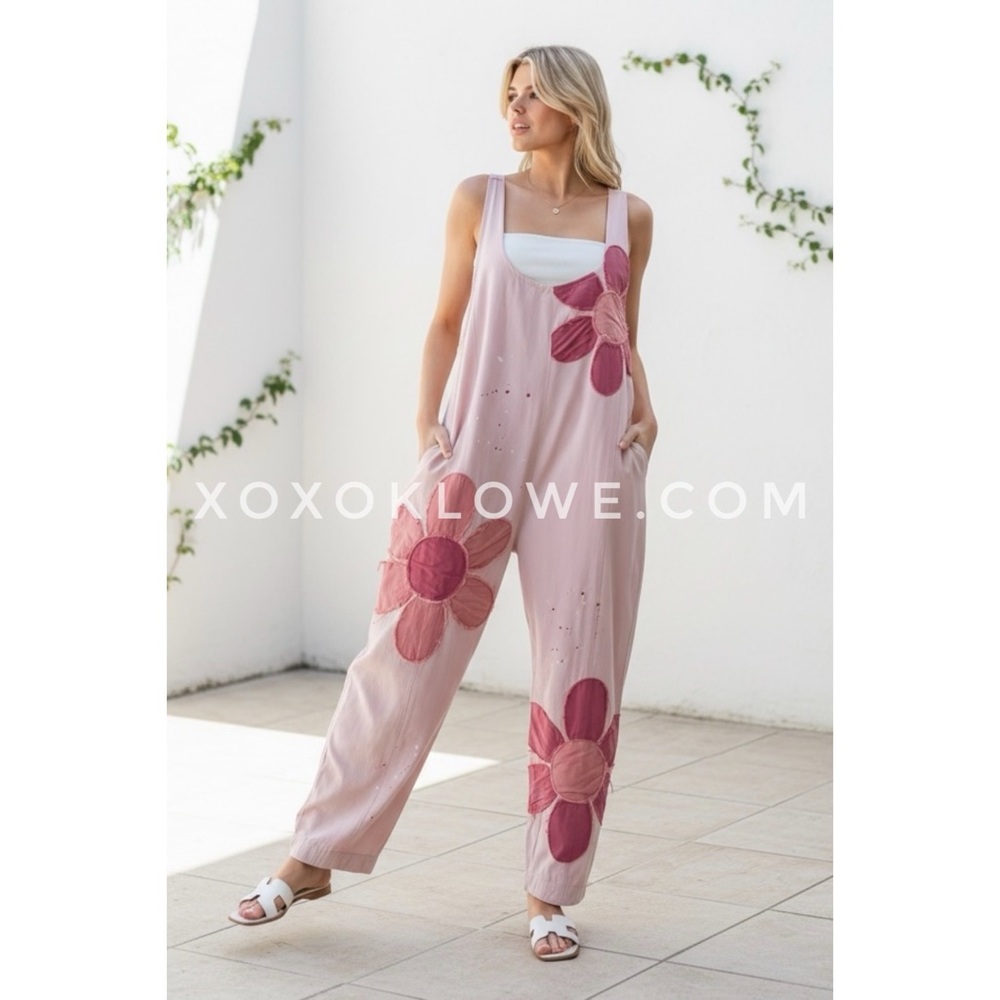 Oli & Hali Pink Boho Floral Patch Straight Leg Jumpsuit | Relaxed Fit Pockets